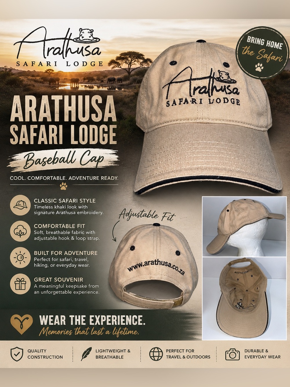 Arathusa Safari Lodge Khaki Baseball Cap Hat Adjustable Safari Travel Souvenir